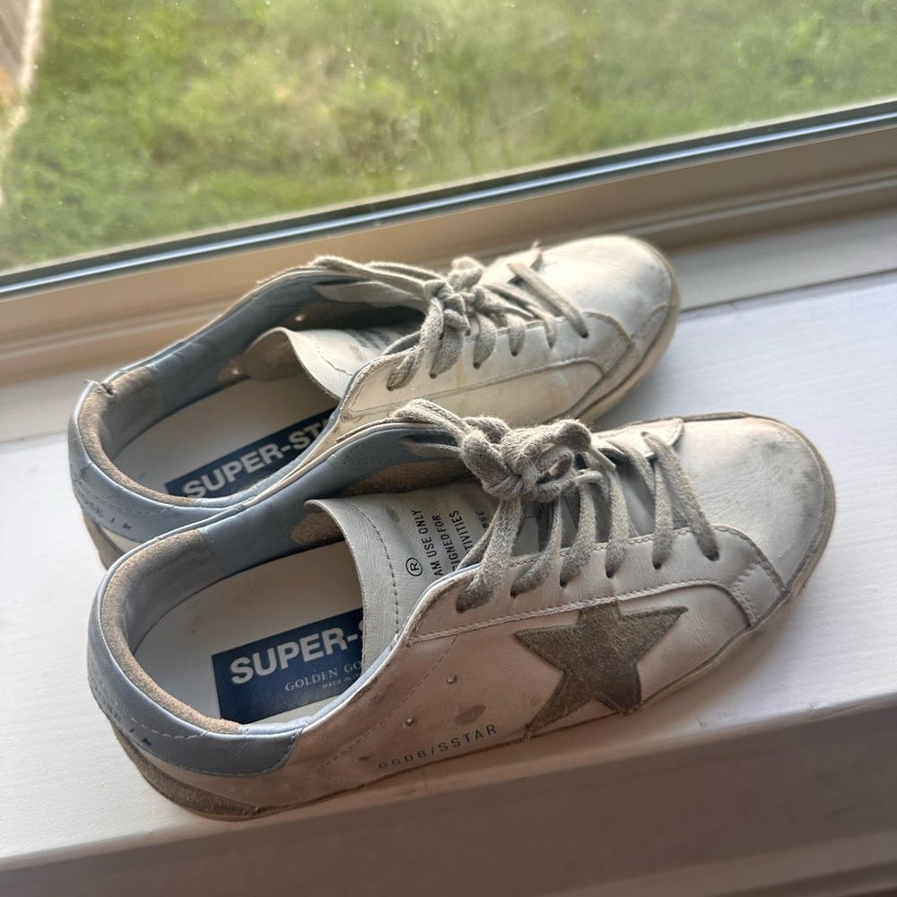 Golden Goose White and Blue Superstar Sneakers